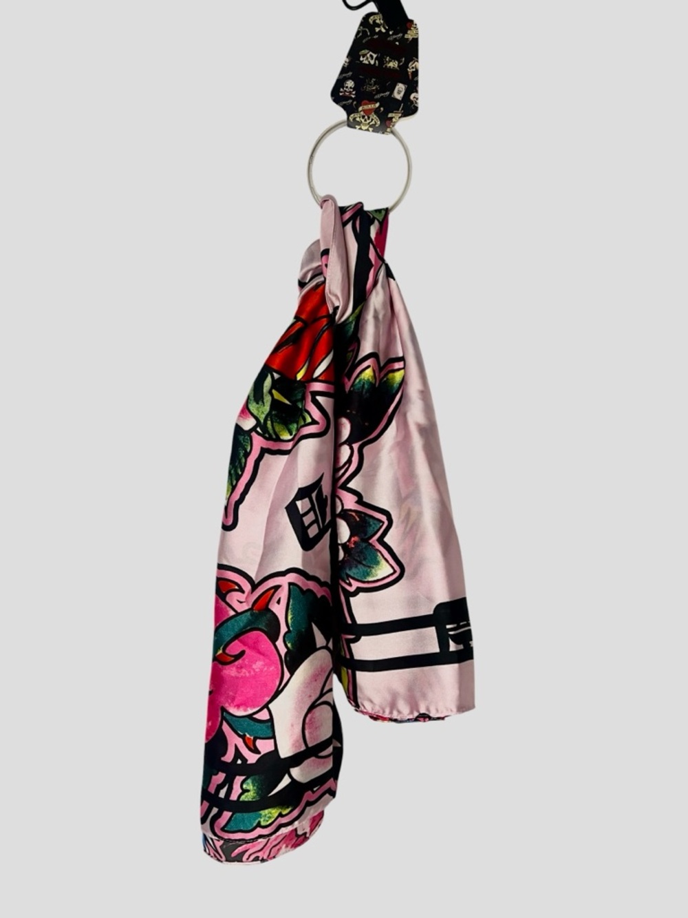 Ed Hardy Y2K Pink Skull Rose Tattoo Fashion Scarf w/ Ring NWT Bold Vibrant